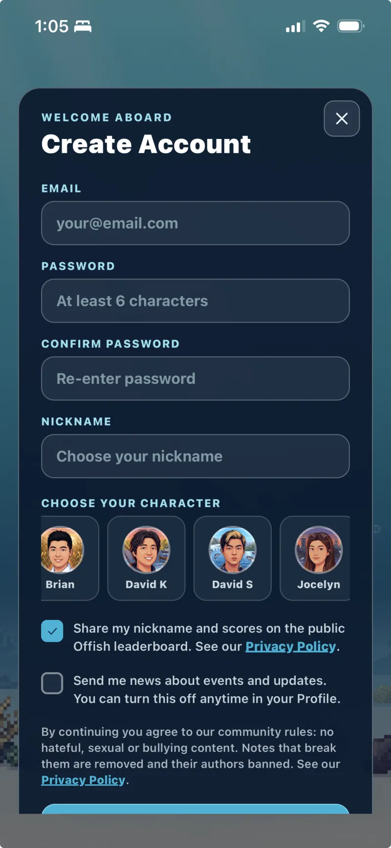 Creating an account and choosing a character