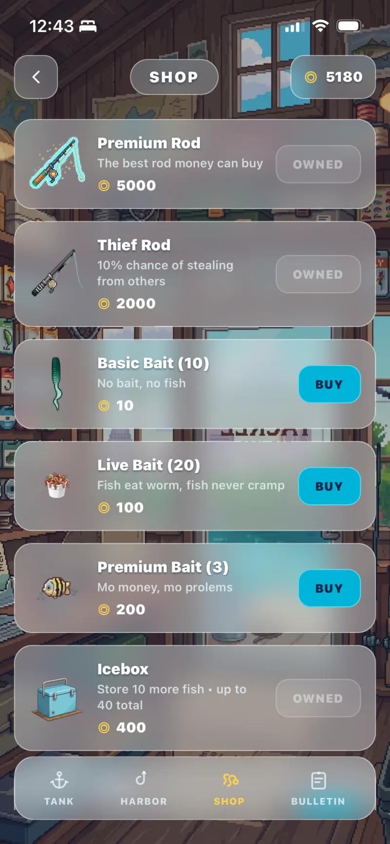The shop, selling rods, baits and an icebox