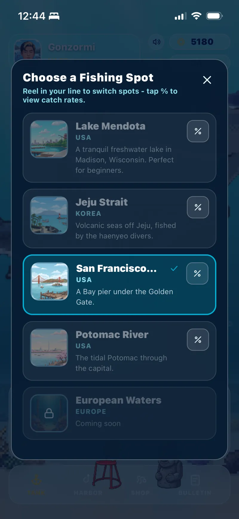 Choosing a fishing spot from Lake Mendota, the Jeju Strait, San Francisco Bay and the Potomac River